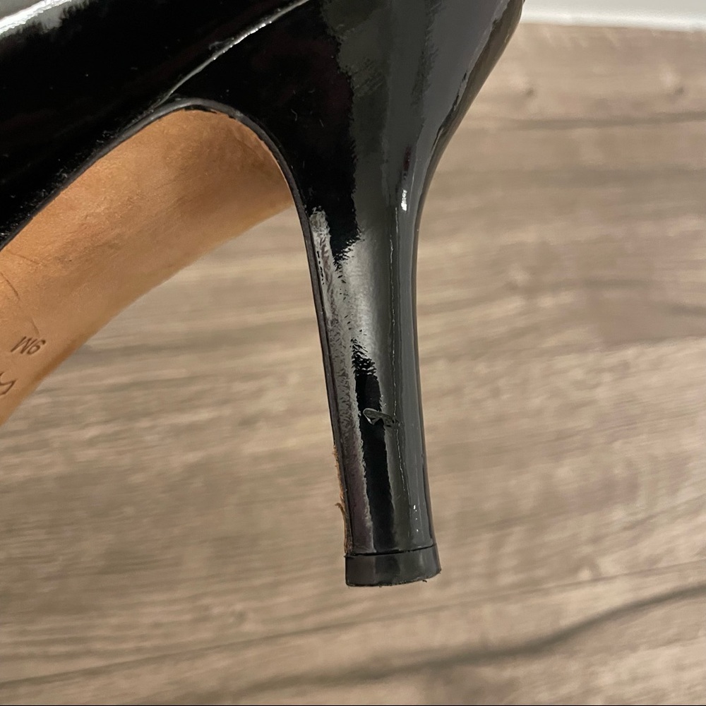 Via Spiga Black Shiny Patent Leather Peep Toe Heels - Picture 6 of 8